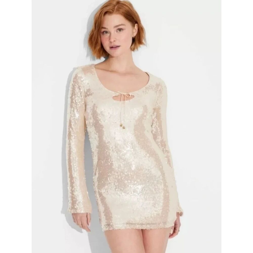 Wild Fable Champagne Sequin Long Sleeve Mini Dress Small